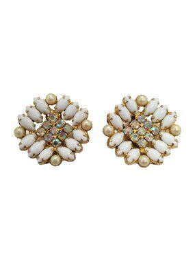 Vtg Milk Glass AB Rhinestone Clip-On Earrings 1-3/8" Faux Pearl Gold Tone